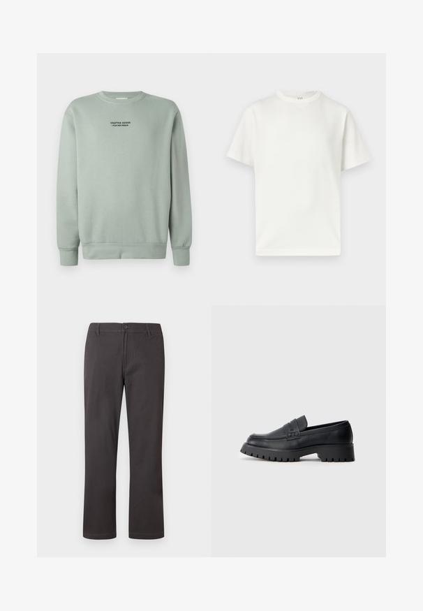 Sweatshirt à col rond de couleur vert sauge clair avec des manches longues et du texte noir "Crafted Goods - Pier One Denim" centré sur la poitrine.; T-shirt blanc uni à manches courtes et col rond, présenté à plat sur un fond blanc avec une étiquette GAP visible à l'intérieur du col.; Pantalon gris foncé à jambes droites avec fermeture à boutons, passants pour ceinture et coutures frontales discrètes sur fond blanc.; Mocassins en cuir noir avec un bout arrondi, présentant une sangle décorative et une semelle en caoutchouc épaisse avec de profonds crampons pour une meilleure adhérence.