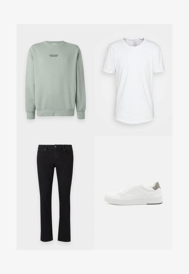 Helle Salbeigrüne Crewneck-Sweatshirt mit langen Ärmeln und schwarzem Text "Crafted Goods - Pier One Denim", der auf der Brust zentriert ist.; Weißes T-Shirt mit kurzen Ärmeln aus Baumwolle und klassischem Rundhalsausschnitt. Verfügt über einen leicht abgerundeten Saum und minimale Nähdetails.; Schwarze Jeans aus Denim mit geradem Schnitt, Fünf-Taschen-Design, Metallknopfverschluss und minimaler Stickereidetails. Durchgehend glatte Textur.; Weißer Sneaker aus glattem Leder, runde Zehenpartie, minimalistisches Design, graue Fersenkante und strukturierte Gummisohle.