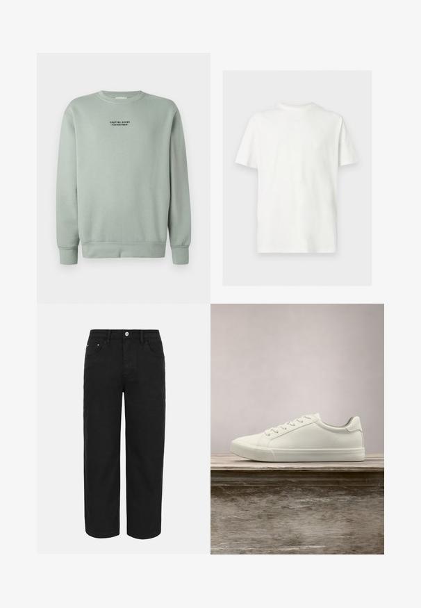 Licht salie groene crewneck sweatshirt met lange mouwen en zwarte tekst "Crafted Goods - Pier One Denim" gecentreerd op de borst.; Wit T-shirt met korte mouwen en ronde hals in een losse pasvorm op een effen lichte achtergrond.; Zwarte rechte broek met knoop- en ritssluiting aan de voorkant, riemlussen en drie voorzakken op een effen lichte achtergrond.; Witte vetersneaker die boven een houten bank zweeft met groene bladeren op de achtergrond, waarbij het ontwerp en de textuur van de schoen worden getoond.