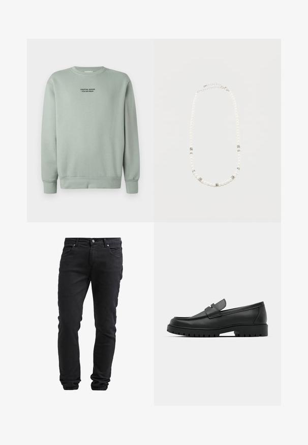 Helle Salbeigrüne Crewneck-Sweatshirt mit langen Ärmeln und schwarzem Text "Crafted Goods - Pier One Denim", der auf der Brust zentriert ist.; Schwarze Slim-Fit-Jeans mit Knopf- und Reißverschluss, fünf Taschen und elastischen Bündchen an den Knöcheln.; Schwarze Lederloafer mit runder Zehenform, ausgestattet mit einem gesteppten Design, niedrigem Plattformsohle und einer strukturierten, genoppten Gummisohle.; Weiße Perlenkette mit silbernen Strasszwischenstücken und einem silbernen Kettenverschluss, präsentiert vor einem einfachen hellen Hintergrund.