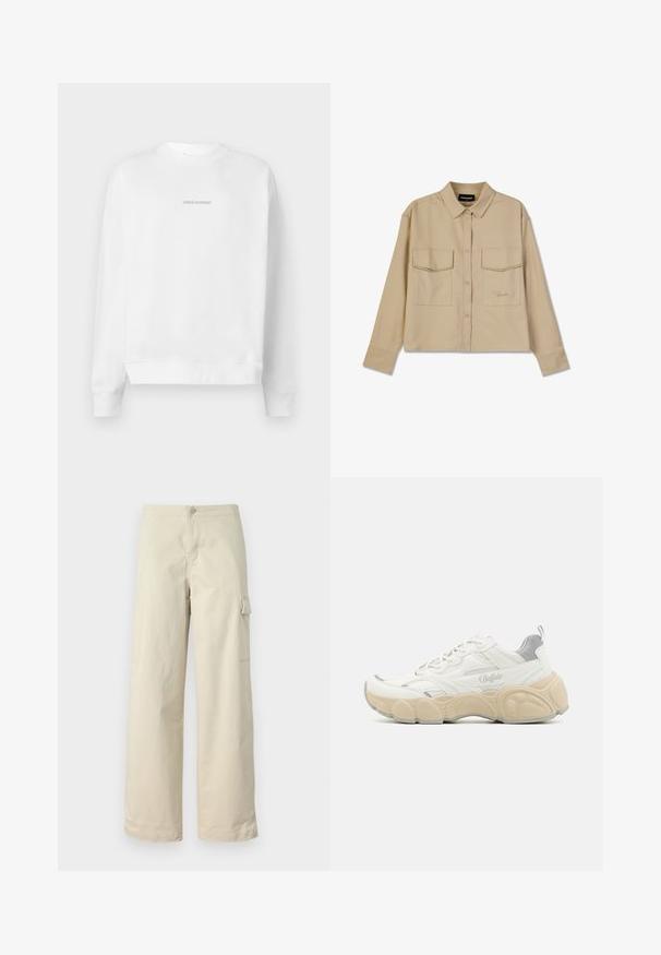 Valkoinen collegepaita, jossa on pyöreä kaula-aukko ja pitkät hihat. Edessä on heijastava "PEGADOR"-logo minimalistisessa suunnittelussa.; Beige pitkähihtinen paita, joka on valmistettu pehmeästä kankaasta. Siinä on nappisuljenta, kaksi rintataskua ja suora helma. Hienovarainen logo kirjailtuna etuosassa.; Beige cargo-housut, jotka on valmistettu pehmeästä puuvillasta, suoran leikkauksen omaavia, edessä nappikiinnitys ja sivutasku läpällä.; Valkoiset lenkkarit, joissa on verkko- ja sileä nahka päällinen, pehmustettu nilkkasauma, teksturoitu kumipohja ja huomaamattomat metalliset yksityiskohdat.