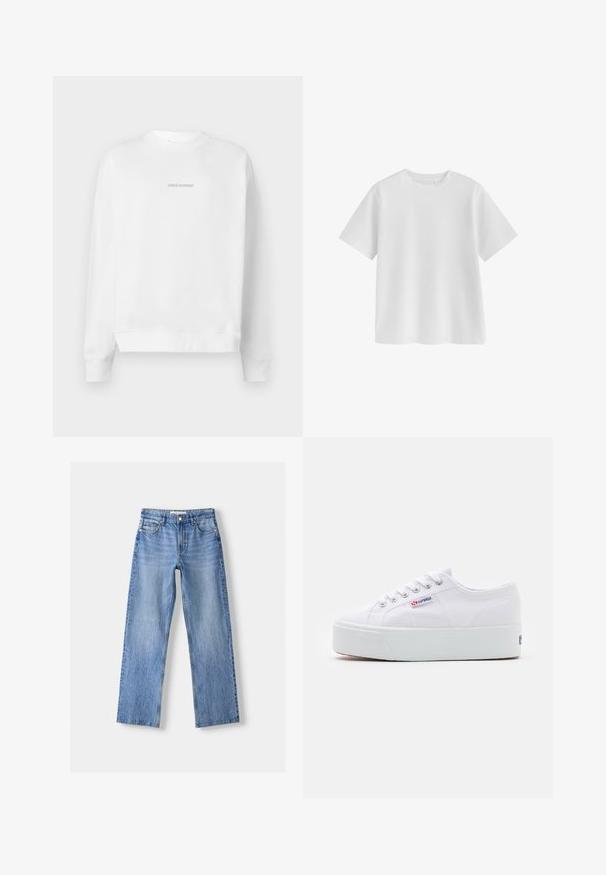Witte sweatshirt met een ronde hals en lange mouwen. De voorkant toont een reflecterende logo "PEGADOR" in een minimalistisch ontwerp.; Effen witte T-shirt met korte mouwen en ronde hals, regular fit en een gladde stoftextuur op een witte achtergrond.; Lichtblauwe denim jeans met een rechte pasvorm, voorzien van vijf zakken, een knoopsluiting aan de voorkant en subtiele vervaging voor textuur.; Witte canvas sneaker met een dikke witte platformzool, ronde neus en metalen oogjes voor veters. Merkl logo aan de zijkant weergegeven.