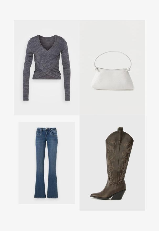 Haut en tricot à manches longues de couleur gris foncé, présentant un décolleté en V et un design croisé, avec un motif texturé et une silhouette ajustée.; Jean denim bleu à taille mi-haute, style cinq poches, fermeture par bouton et zip, avec jambes évasées sur un fond blanc uni.; Botte de cowboy en cuir marron avec un embout pointu, un talon compensé et des broderies décoratives. Dispose d'un long tige et d'une languette de tirage.; Sac à main en cuir tressé blanc avec poignée arrondie et extrémités de lanière nouées, présenté sur un fond uni.