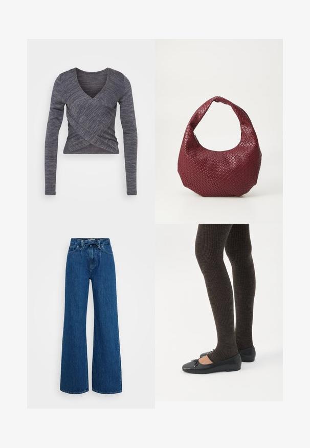 Haut en tricot à manches longues de couleur gris foncé, présentant un décolleté en V et un design croisé, avec un motif texturé et une silhouette ajustée.; Jean en denim bleu taille haute avec jambes larges, poches avant, passants de ceinture et une ceinture en tissu nouée à la taille sur un fond uni.; Jambes portant des leggings côtelés foncés associés à des ballerines noires avec de petits détails en nœud sur fond blanc.; Sac à main tissé bordeaux avec une silhouette arrondie, une seule poignée et une finition texturée. Fermeture zippée en haut.