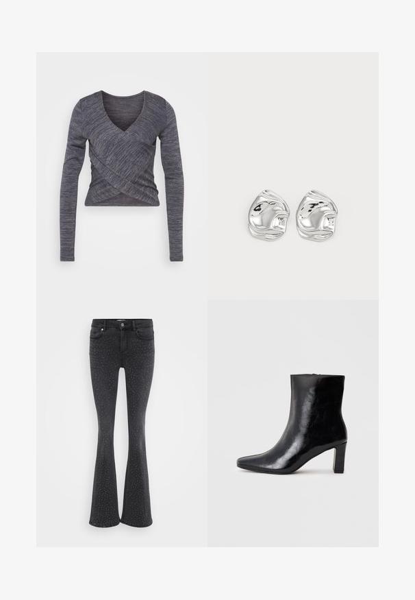 Haut en tricot à manches longues de couleur gris foncé, présentant un décolleté en V et un design croisé, avec un motif texturé et une silhouette ajustée.; Jean noir évasé en denim, orné de clous métalliques sur l'ensemble. Cinq poches et fermeture à bouton à l'avant.; Bottine noire en cuir brillant, avec un bout pointu et un talon carré moyen, présentant une texture lisse et un design simple.; Boucles d'oreilles en forme abstraite argentées avec une finition poli, présentant des courbes lisses et des contours subtils. Pas de motifs ou d'accents visibles.