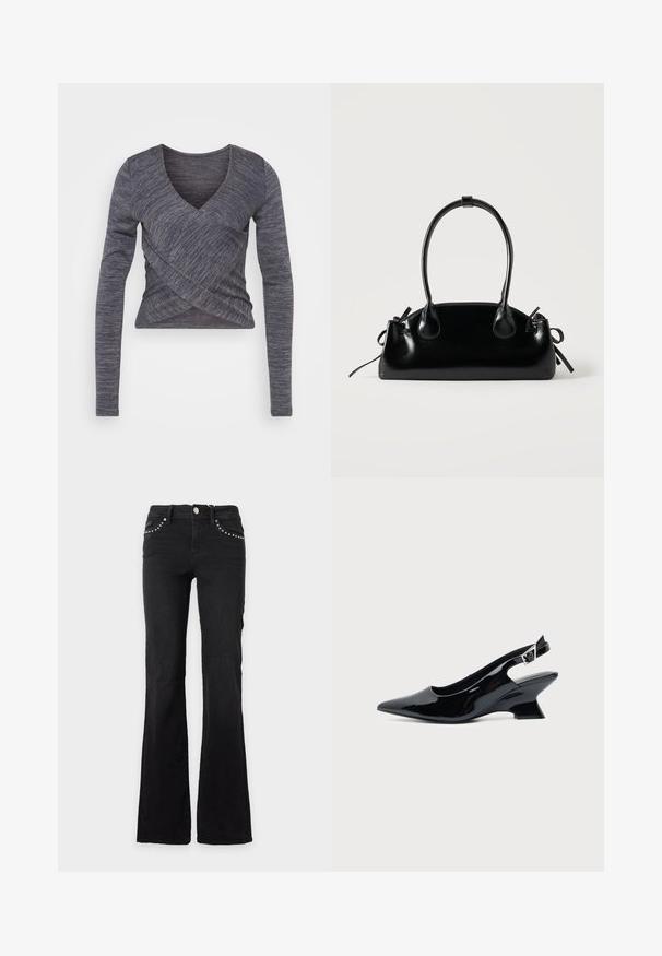 Haut en tricot à manches longues de couleur gris foncé, présentant un décolleté en V et un design croisé, avec un motif texturé et une silhouette ajustée.; Jean noir bootcut avec taille mi-haute et détails de clous argentés sur les poches avant, présenté sur un fond clair uni.; Chaussure slingback en cuir verni noir avec bout pointu et petit talon bloc incliné sur fond clair uni.; Petit sac à main noir brillant avec deux longues anses et des détails à cordon sur les côtés sur un fond clair uni.