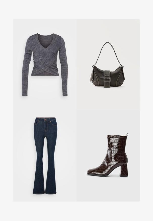 Haut en tricot à manches longues de couleur gris foncé, présentant un décolleté en V et un design croisé, avec un motif texturé et une silhouette ajustée.; Jeans évasés en denim bleu foncé avec des coutures visibles, des poches avant et une fermeture à bouton. Texture lisse avec un léger stretch.; Bottine en cuir verni marron foncé, avec texture crocodile, talon carré et tirant à l'arrière sur fond blanc.; Sac à épaule en cuir noir avec une sangle à boucle, des bords arrondis et des coutures blanches contrastées sur un fond uni.