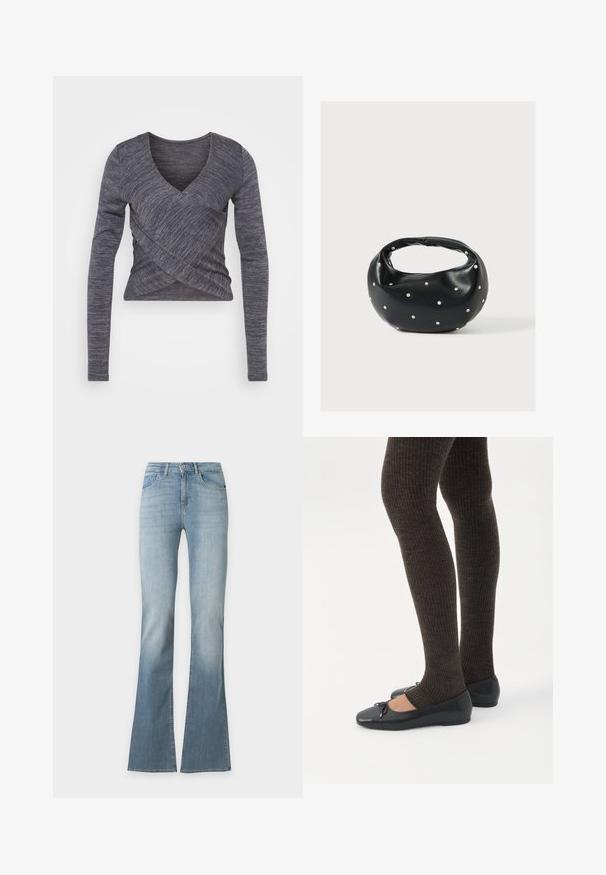 Haut en tricot à manches longues de couleur gris foncé, présentant un décolleté en V et un design croisé, avec un motif texturé et une silhouette ajustée.; Jean en denim bleu clair avec une taille haute et des jambes évasées, présentant une légère décoloration au niveau des cuisses et des genoux.; Jambes portant des leggings côtelés foncés associés à des ballerines noires avec de petits détails en nœud sur fond blanc.; Sac à main en cuir noir de forme arrondie, décoré de clous argentés et équipé d'une poignée courte. Texture lisse et fermeture éclair.