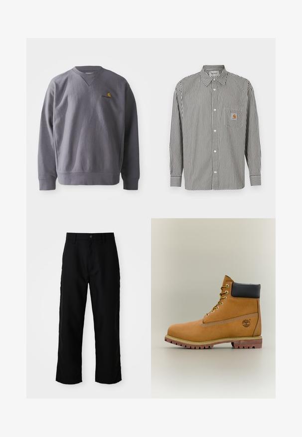 Sweatshirt gris avec un col rond, des poignets et un ourlet côtelés. Présente un logo brodé jaune et rouge sur la poitrine. Fabriqué en tissu doux.; Chemise à manches longues à rayures verticales noires et blanches avec un col boutonné. Elle possède une poche poitrine avec un patch logo beige.; Pantalons droits noirs avec passants de ceinture, bouton frontal et fermeture éclair sur fond clair uni.; Bottine en cuir marron avec col noir, lacets jaunes et semelle beige. Présente un logo et des détails de couture blanche. Semelle extérieure à traction robuste.