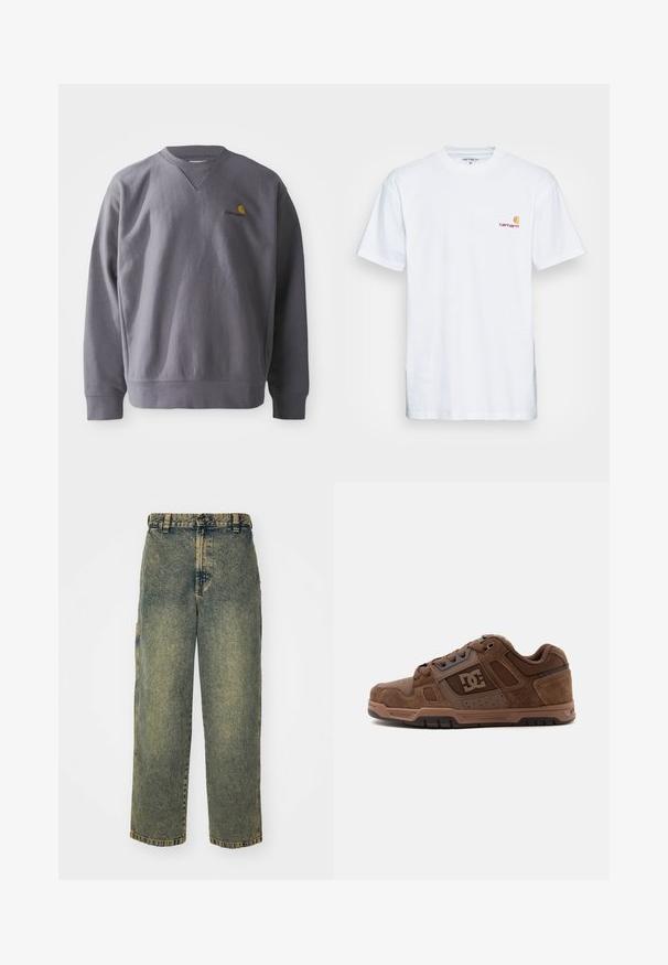Sweatshirt gris avec un col rond, des poignets et un ourlet côtelés. Présente un logo brodé jaune et rouge sur la poitrine. Fabriqué en tissu doux.; T-shirt en coton blanc à manches courtes. Doté d'un petit logo orange et bordeaux sur la poitrine gauche. Présente un col rond classique.; Jeans en denim ample avec un délavage bleu et vert. Comprend une fermeture à bouton, des passants de ceinture et des poches latérales. Pas de pli à l'avant et design à jambe droite.; Chaussure de skate DC basse marron avec panneaux en suède et mesh, fermeture à lacets et semelle en caoutchouc sur fond gris clair.