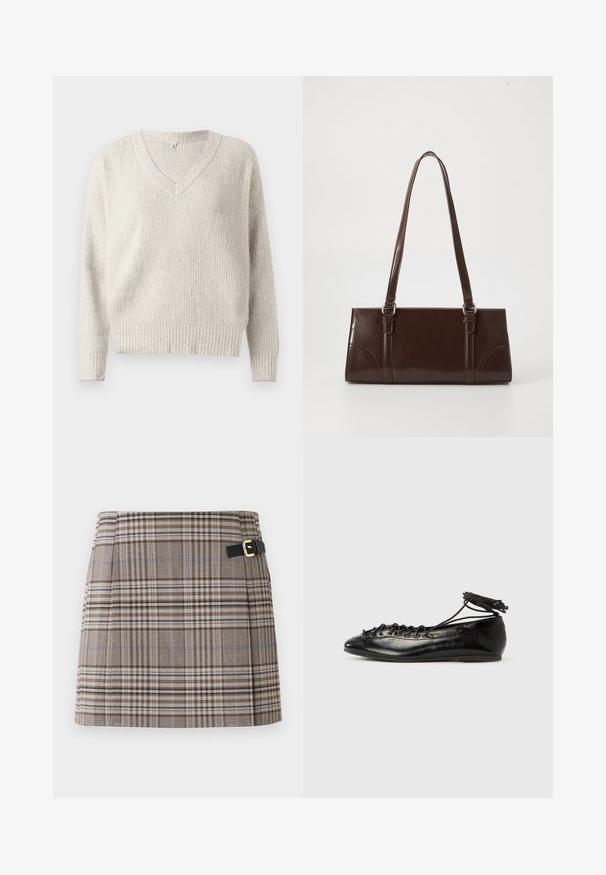 Pull en maille gris clair avec un décolleté en V, texture côtelée et accent rose au niveau du col et des poignets. Convient pour une tenue décontractée.; Jupe mini à carreaux en marron, beige et bleu avec un détail de boucle sur une ceinture noire. Tissu structuré avec des plis à l'avant.; Ballerines en cuir verni noir avec un bout rond, un design à lacets et une semelle plate. Texture lisse avec peu de détails.; Sac à main en cuir verni marron de forme rectangulaire, avec deux longues poignées et des accents courbés subtils à l'avant.