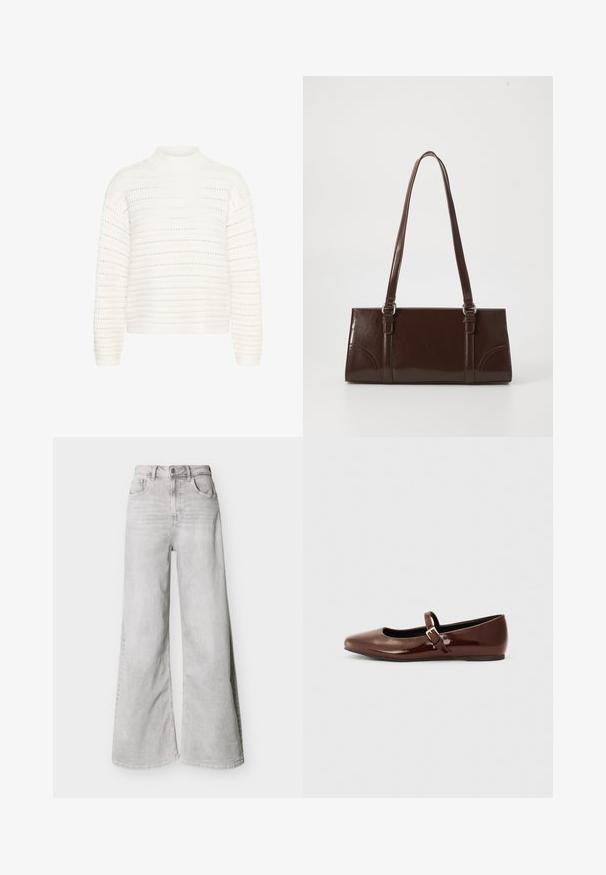 Kaffe KADOLLY - Pullover - chalk; Jeans larges gris clair en jean, avec une taille haute, des poches avant et une fermeture à boutons. Texture lisse avec un léger aspect délavé.; Ballerine en cuir verni marron avec un bout carré et une lanière ornée d'une petite boucle dorée. Texture lisse, talon bas et design minimaliste.; Sac à main en cuir verni marron de forme rectangulaire, avec deux longues poignées et des accents courbés subtils à l'avant.
