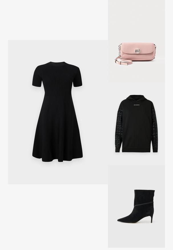 Musta huppari, jossa on kuvioidut mustavalkoiset ruudulliset hihat ja keskitetty "KARL LAGERFELD" -logo rinnassa, resorit helmassa ja hihoissa.; Musta neulemekko pyöreällä pääntiellä, lyhyillä hihoilla, ribattu yläosa ja leveä hame. Sileä pinta, ilman näkyviä kuvioita tai yksityiskohtia.; Musta samettinen nilkkaboot, jossa on terävä kärki, ohut stiletto-korko ja kontrastiväri valkoista ommelta sivusaumassa.; Vaaleanpunainen nahkainen olkalaukku hopeisella ketjuhihnalla ja pyöreällä hopeisella MK-logolla etutäppäisessä läpivientikannessa.