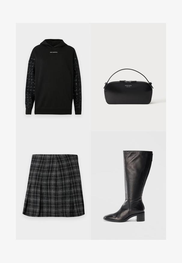 Schwarzer Hoodie mit strukturierten schwarz-weißen karierte Ärmeln und zentral auf der Brust platziertem "KARL LAGERFELD"-Logo, mit geripptem Saum und Bündchen.; Schwarz-grauer karierter Rock mit Falten, der ein strukturiertes Design und ein klassisches Karomuster aufweist. Der Stoff wirkt texturiert und maßgeschneidert.; Schwarze Lederkniehohe Stiefel mit quadratischer Spitze, Blockabsatz und schlankem Design. Glatte Textur mit einem seitlichen Reißverschluss für einfaches Anziehen.; Schwarze Leder-Armbandtasche mit silbernem Reißverschluss und kurzem Griff, geprägtes Emporio Armani Milano 1981-Logo auf der Vorderseite.
