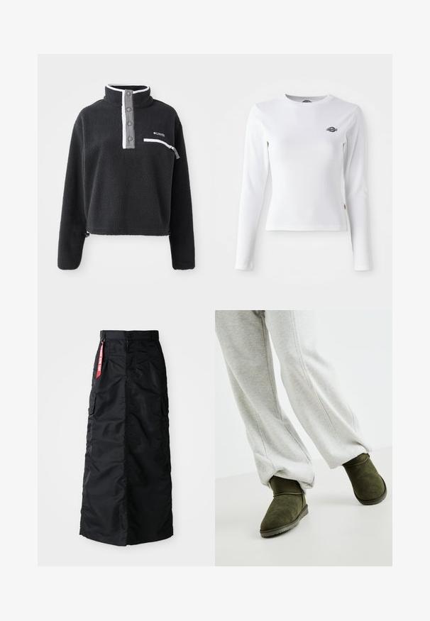 Sort fleece pullover med halv lynlås krave, der har en brystlomme og kontrasterende hvide og grå detaljer. Blød tekstur, cropped design.; Hvid langærmet skjorte lavet af ribbet stof. Har et lille sort logo på brystet. Tætsiddende design med en rund halsudskæring.; Sort lang nederdel med frontknap og lynlås, sidelommer, og et rødt "Remove Before Flight" stofmærke på taljen.; Grønne suede ankelstøvler med rund tå og lav gummisål, parret med grå sweatpants, der har en afslappet pasform og elastiske manchetter.