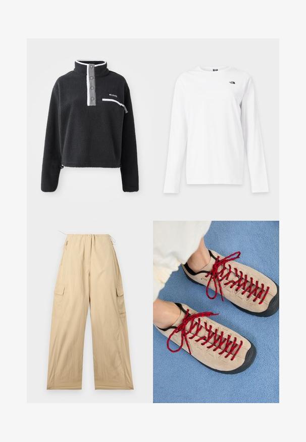 Sort fleece pullover med halv lynlås krave, der har en brystlomme og kontrasterende hvide og grå detaljer. Blød tekstur, cropped design.; Hvid langærmet T-shirt med rund hals og lille sort The North Face-logo på venstre bryst.; Beige cargo bukser med relaxed fit, der har en snor i taljen, to sidelommer og et glat, let materiale.; Beige sko med røde snørebånd, placeret på en blå tekstureret overflade, delvist synliggørende en persons ankel. Skoene har et sporty design.