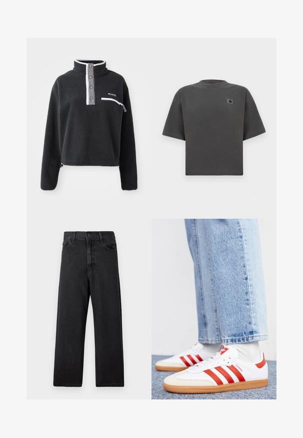 Sort fleece pullover med halv lynlås krave, der har en brystlomme og kontrasterende hvide og grå detaljer. Blød tekstur, cropped design.; Mørkegrå oversized T-shirt med korte ærmer, rund hals og lille Carhartt-logo på venstre bryst.; Sort denimjeans med højtaljet, lige ben, fem-lomme-design og klassisk knaplukning foran. Blødt, tekstureret stof.; Hvide lædersneakers med røde striber og accenter. Har en tekstureret gummisål og polstret krave. Bæres med lyseblå denim.