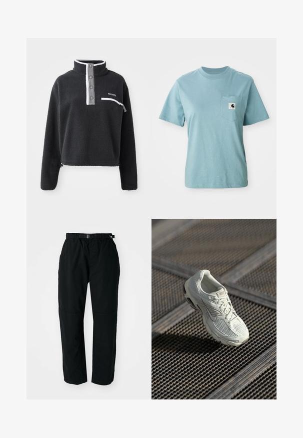 Zwarte fleece pullover met een ritskraag, voorzien van een borstzak en contrasterende witte en grijze accenten. Zachte textuur, cropped ontwerp.; Lichtblauw katoenen T-shirt met korte mouwen en een borstzak, voorzien van een klein zwart-wit Carhartt logo patch.; Zwarte lichtgewicht broek met een elastische tailleband en verstelbare riem. Kenmerkt zich door taps toelopende benen en versterkte knieën voor duurzaamheid.; Witte Nike hardloopschoen met bovenwerk van mesh en synthetisch materiaal, rustend op een metalen roostervloer in zacht natuurlijk licht.