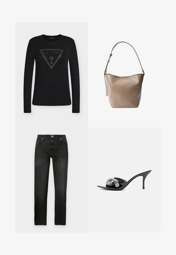 Pull noir à manches longues avec poignets et bas côtelés, présentant un logo triangulaire clouté Guess USA avec un point d'interrogation au centre.; Jean en denim noir avec une coupe droite, dotée d'une fermeture à bouton, de deux poches avant et d'une texture subtile.; Mule à talon haut en cuir verni noir avec bout ouvert et breloques argentées décoratives comprenant une fleur et un cadenas sur la bride avant.; Sac bourse en cuir beige avec un motif monogramme subtil, bandoulière ajustable et fermeture éclair.