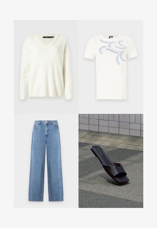 Pull blanc à col en V avec des poignets et un ourlet côtelés. Texture douce, coupe ample et fentes sur les côtés. Étiquette visible au niveau du col.; T-shirt blanc à manches courtes avec col rond et motif brodé feuille et spirale bleu clair sur le haut de la poitrine et l'épaule.; Jean large bleu clair en denim. Caractéristiques : taille haute, passants pour ceinture, poches avant et une poche arrière. Texture lisse.; Sandale slide marron foncé à bout carré et large bride, posée sur un goudron gris près d'un trottoir carrelé.