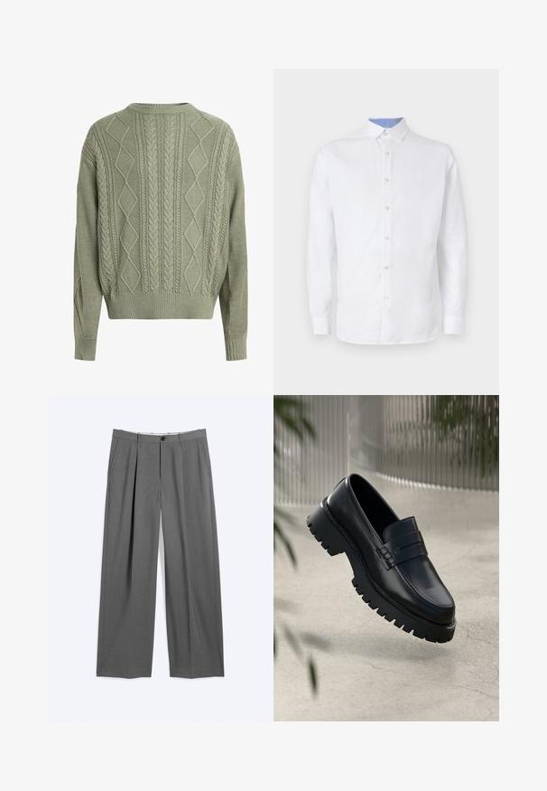 Grøn kabelstrik sweater med diamant- og fletmønstre, rund halsudskæring samt ribbede manchetter og kant, lavet af et tekstureret strikmateriale.; Hvid langærmet skjorte med knaplukning, med et lyseblåt ternet mønster indeni kraven og manchetterne. Glat stoffer.; Grå formelle bukser med lige ben, for-tilslag, sidelommer, bæltestropper og forlukning foran med knap og lynlås.; Sorte læder loafers med en chunky sål, der har en dekorativ rem og syninger. Glat tekstur med en poleret overflade.