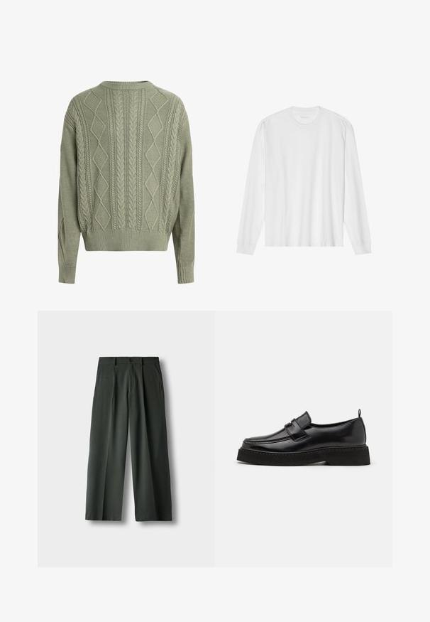 Grøn kabelstrik sweater med diamant- og fletmønstre, rund halsudskæring samt ribbede manchetter og kant, lavet af et tekstureret strikmateriale.; Hvid, langærmet t-shirt i bomuld med rund hals, med ribbede ærmeafslutninger og en lige kant, glat tekstur og minimalistisk design.; Mørkegrønne bukser med vide ben, frontplisseringer, sidelommer, bæltestropper og knaplukning på en ensfarvet hvid baggrund.; Sorte læder loafersko i stil med flad, tekstureret sål, med en syet tå og en rem over vristen.