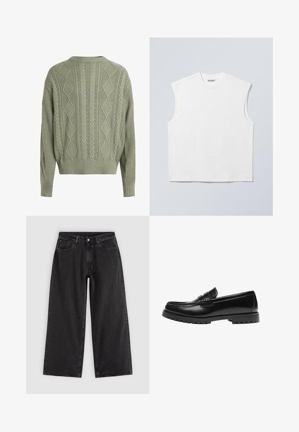 Grøn kabelstrik sweater med diamant- og fletmønstre, rund halsudskæring samt ribbede manchetter og kant, lavet af et tekstureret strikmateriale.; Hvid ærmeløs bomulds top med rund hals og markerede skulderpartier, mærket "WEEKDAY" på halsmærket, vist på lys grå baggrund.; Sorte denim jeans med vide ben, forlommer, bæltestropper og knaplukning, vist på en ensfarvet lys baggrund.; Sort læderloafer med en kraftig gummisål og klassiske penny-strap detaljer, vist fra ydersiden.