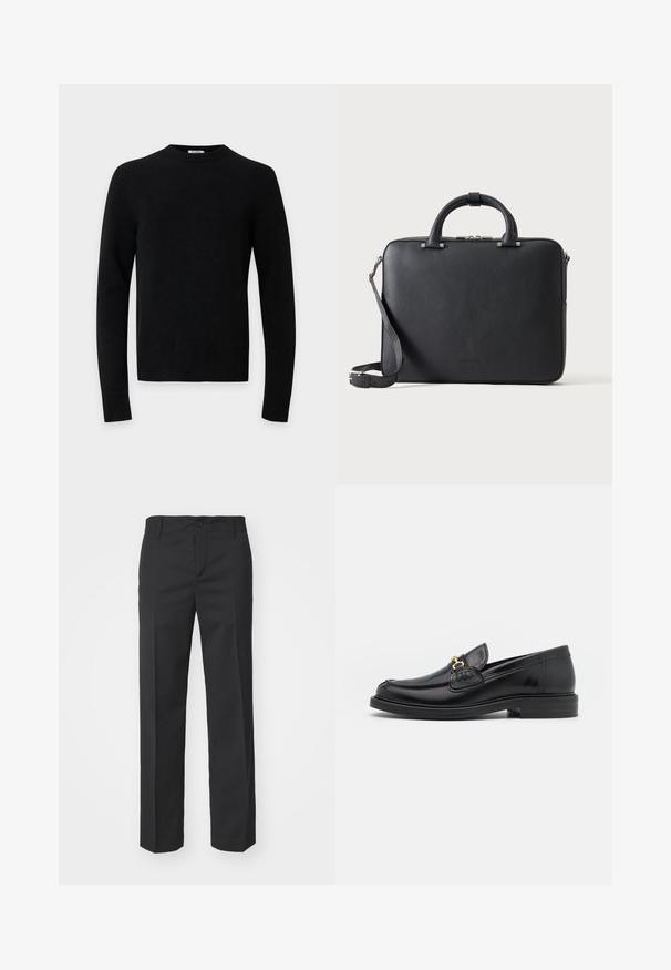 Jersey negro de manga larga con cuello redondo, dobladillo y puños acanalados sobre un fondo liso de color gris claro.; Filippa K TROY TROUSERS - Pantalones - black; Mocasines de cuero negro con punta redondeada, que cuentan con un detalle de herrajes dorados y costuras, situados sobre una suela de goma texturizada y baja.; Maletín de cuero negro texturizado con asas dobles, correa de hombro desmontable y cierre superior con cremallera sobre un fondo claro y liso.
