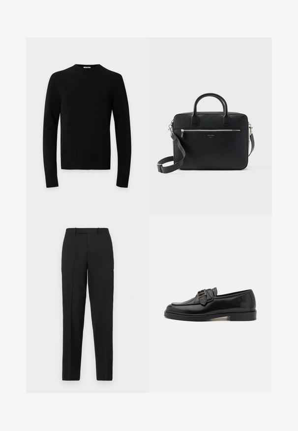 Sort langærmet rundhalset sweater med ribkant ved kant og ærmer på en ensfarvet lysegrå baggrund.; Theory STRAIGHT - Bukser - deep black; Sorte læder loafers med rund tå og en dekorativ spændeaccent. Flad, solid hæl og glat tekstur hele vejen igennem.; Sort struktureret rektangulær lædermappe med dobbelthåndtag, lynlåslomme foran og justerbar skulderrem vist på hvid baggrund.