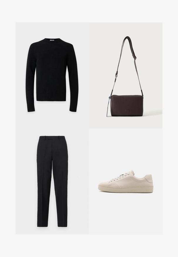 Zwarte trui met lange mouwen en ronde hals, met geribbelde zoom en manchetten op een effen lichtgrijze achtergrond.; Theory STRAIGHT - Broek - deep black; Beige leren sneakers met een gladde afwerking, ronde neus, platte zool en klassiek vetersluiting ontwerp. Subtiele stiksels en een gestructureerde buitenzool.; Donkerbruine gestructureerde leren crossbodytas met verstelbare riem en klein decoratief blauw accent aan de zijkant.
