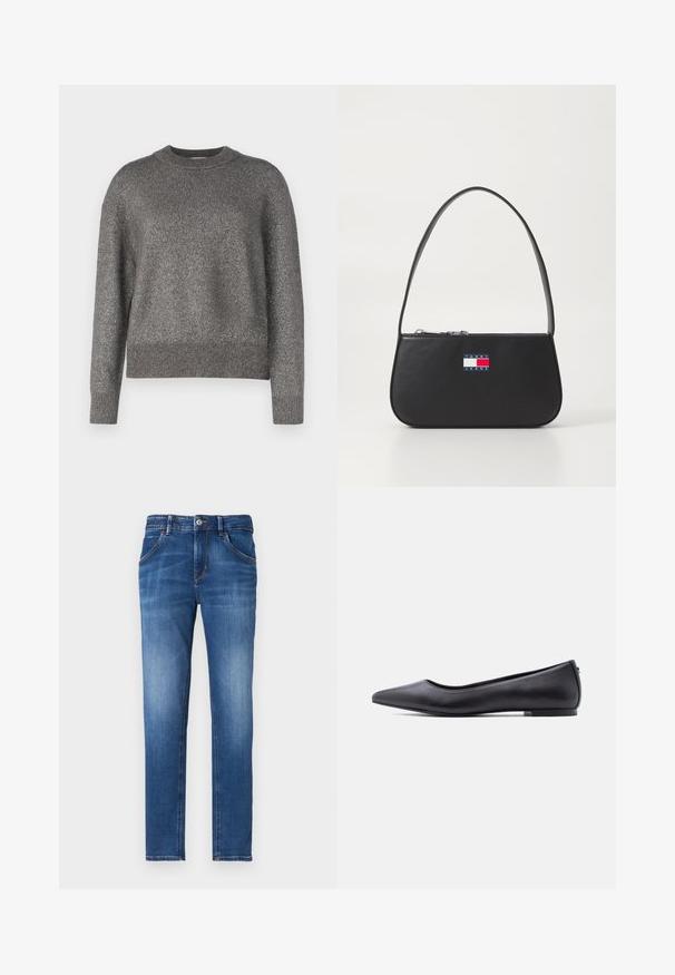 Grå sweater med en refleksiv strikket tekstur, rund halsudskæring, og ribbede manchetter og kant; let løs pasform og lange ærmer.; Slim-fit blå denimjeans med en falmet finish, fem lommer, frontlukkebutton og kontrasterende syninger.; Sort flad lædersko med spidst tåparti og lav hæl, vist i sideprofil mod en hvid baggrund.; Sorte læderhandtaske med en buet form, kort hank og lynlåslukning. Har et multicolor logo patch på forsiden.