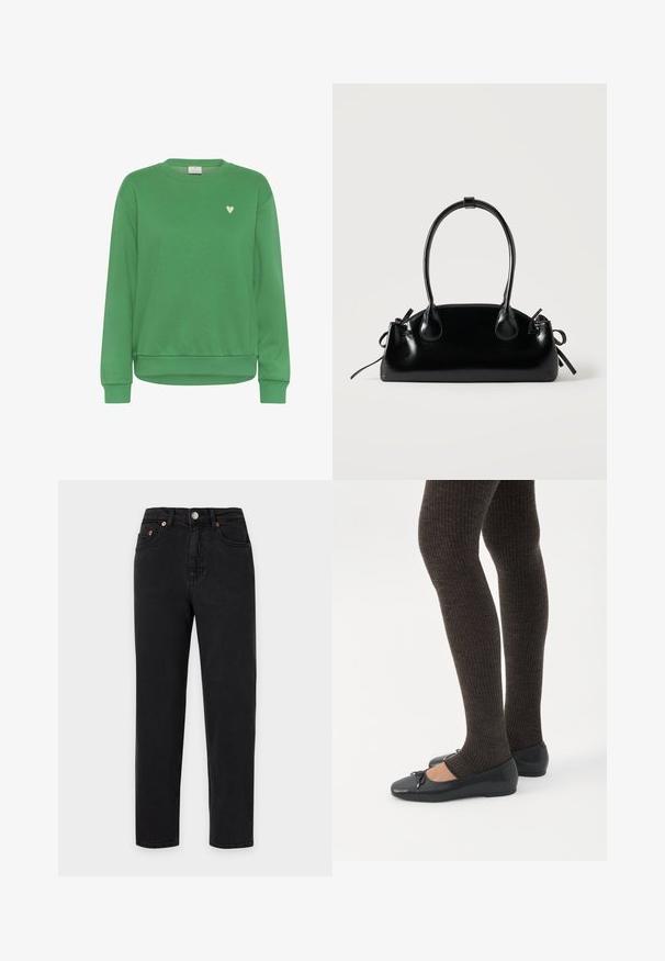 Sweat-shirt vert en coton, avec un col rond, des manches longues, des poignets côtelés et un petit accent en forme de cœur blanc sur la poitrine.; Jean droit noir en denim, taille haute, cinq poches et détails de rivets cuivrés, présenté sur un fond uni clair.; Jambes portant des leggings côtelés foncés associés à des ballerines noires avec de petits détails en nœud sur fond blanc.; Petit sac à main noir brillant avec deux longues anses et des détails à cordon sur les côtés sur un fond clair uni.