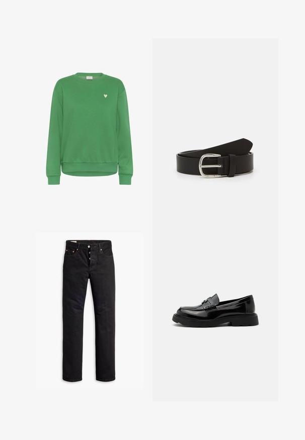 Sweat-shirt vert en coton, avec un col rond, des manches longues, des poignets côtelés et un petit accent en forme de cœur blanc sur la poitrine.; Jean en denim noir à coupe droite, avec un design à cinq poches et une fermeture éclair à boutons. Présente des rivets en cuivre et des accents de broderie.; Mocassin noir en cuir brillant avec une semelle épaisse et une bride décorative sur le dessus, sur un fond uni gris clair.; Ceinture en cuir noir avec une texture lisse, dotée d'une boucle en métal argenté et d'une extrémité effilée. Design simple et classique.