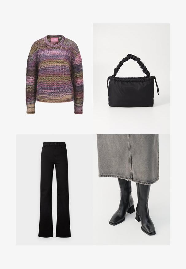 Pull en maille multicolore avec des rayures horizontales en rose, marron, jaune et bleu, doté d'un col rond et de poignets et ourlet côtelés.; Jeans noirs à taille haute, jambes droites, avec poches avant, passants pour ceinture, fermeture par bouton, et ourlets légèrement évasés sur fond blanc.; Bottes noires montantes en cuir lisse avec un bout carré et un talon bloc. Portées avec une jupe en denim grise à l'ourlet effiloché.; Sac noir en tissu doux et lisse. Présente une anse froncée et un système de fermeture à cordon, avec une forme rectangulaire et aucun matériel visible.