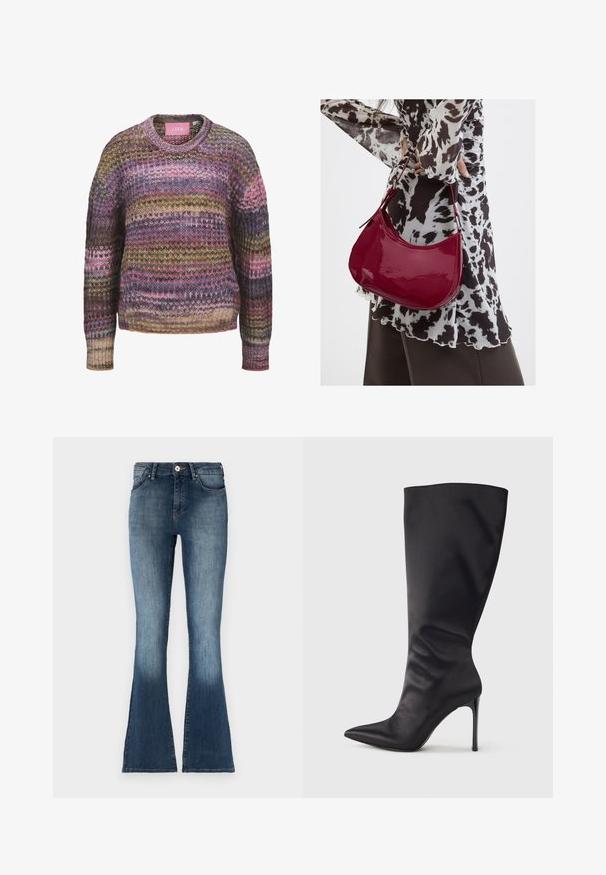 Multifarvet strikket sweater med vandrette striber i pink, brun, gul og blå, med rund hals og ribstrikkede manchetter og kant.; Blå denim flared jeans med en mellemhøj talje, falmet finish og traditionelt fem-lomme design. Blød tekstur og subtile syningsdetaljer.; Sort knæhøj stiletstøvle lavet af glat, glansfuldt materiale; spids tå; tætsiddende pasform med let samling nær anklen; skinnende hæl.; Kvinde iført en sort- og hvidmønstret bluse, der holder en blank rød skuldertaske mod en ensfarvet baggrund.