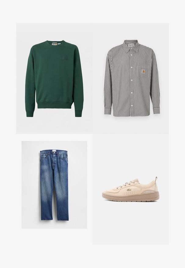 Sweat-shirt vert foncé à col rond avec poignets et ourlet côtelés, orné d'un petit patch logo Timberland sur la poitrine gauche.; Chemise à manches longues à rayures verticales noires et blanches avec un col boutonné. Elle possède une poche poitrine avec un patch logo beige.; Jean en denim bleu avec une coupe droite, présentant un délavage à l'avant, un style classique à cinq poches et des rivets métalliques sur les poches.; Baskets en daim beige avec lacets à l'avant, perforations respirantes, semelle épaisse et languette à l'arrière, présentées de profil sur un fond blanc.