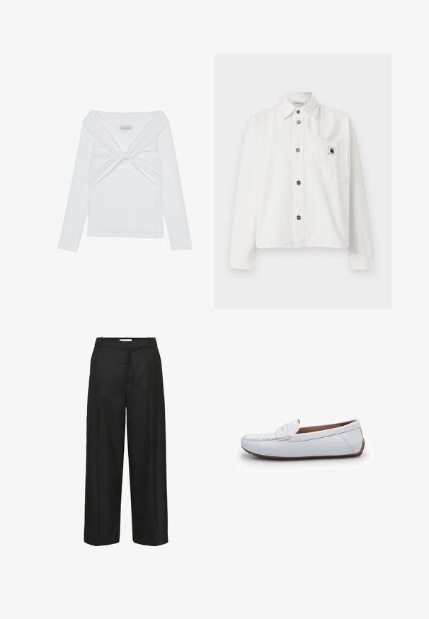 Haut à manches longues blanc côtelé avec un design à front tordu, présentant un large col et des bords sans coutures. Marque : Anna Field.; Chemise blanche à manches longues avec col et poche poitrine présentant un écusson du logo Carhartt en noir et blanc.; Pantalon noir à jambes larges avec une texture lisse, présentant un devant plat, des passants pour ceinture et sans ornements visibles. Conçu pour une coupe ample.; Des mocassins en cuir blanc présentent un design de bout cousu, un talon plat et une finition lisse. Doublure douce avec une semelle en caoutchouc brun pour le confort.