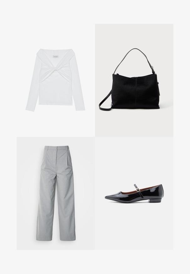 Haut à manches longues blanc côtelé avec un design à front tordu, présentant un large col et des bords sans coutures. Marque : Anna Field.; Pantalons larges gris en tissu texturé, avec une taille haute, des plis à l'avant et une coupe droite jusqu'à l'ourlet.; Escarpin Mary Jane en cuir verni noir avec bout pointu et petit talon, doté d'une sangle ajustable avec boucle dorée.; Sac à bandoulière noir avec une surface lisse et texturée, doté d'une seule sangle et d'une fermeture éclair en haut. Forme rectangulaire compacte.