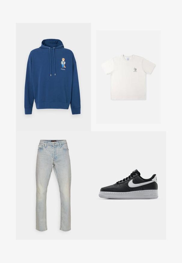 Navyblauwe hoodie van zachte stof met een voorprint van een vos in casual kleding. Inclusief een capuchon met trekkoord en ribbelboorden.; Witte katoenen T-shirt met korte mouwen, voorzien van een kleine zwarte grafische print op de linkerborst en een ronde hals.; Lichtblauwe rechtgesneden jeans van denim. Voorzien van een vijf-pocket ontwerp, riemlussen en subtiele vervaging. Geen zichtbare patronen of accenten.; Zwarte lederen sneaker met een textuur oppervlak, witte Nike swoosh, grijze zool, ronde neus en vetersluiting. Bevat perforaties op de neus.