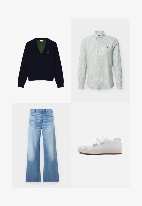 Pull en V bleu marine en tissu doux, avec un col et des poignets côtelés, un intérieur vert contrastant et un petit logo sur la poitrine.; Chemise à manches longues pour hommes, boutonnée, à fines rayures verticales grises et blanches avec petit logo sur la poitrine gauche.; Calvin Klein Jeans LOW RISE BAGGY - Jean boyfriend - diamond cove; Baskets blanches avec deux larges bandes Velcro, semelle épaisse beige et discret logo CK sur le côté, vues de profil gauche.