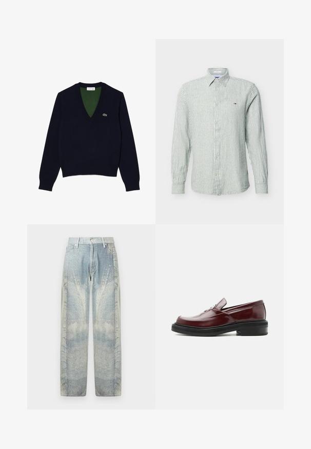 Marine V-hals sweater lavet af blødt stof, med ribbet krave og manchetter, en kontrasterende grøn inderside og et lille logo på brystet.; Herre skjorte med lange ærmer og knapper, smalle lodrette grå og hvide striber samt lille logo på venstre bryst.; Herre wide-leg jeans i falmet blå med tekstureret mønster, knaplukning, bæltestropper og forlommer på hvid baggrund.; Bordeaux rød læderloafer med sort solid sål og sølvfarvet dekorativ spænde, vist i sideprofil på hvid baggrund.