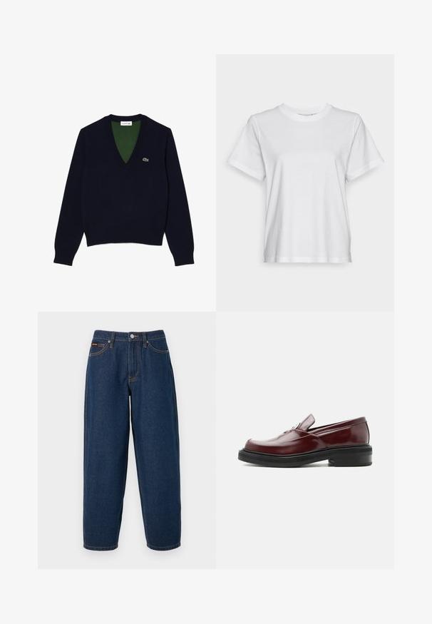 Marine V-hals sweater lavet af blødt stof, med ribbet krave og manchetter, en kontrasterende grøn inderside og et lille logo på brystet.; Hvid bomulds T-shirt med korte ærmer, rund hals og en afslappet pasform. Glat tekstur, uden mønstre eller grafik, enkel design.; Mørkeblå denimjeans med lige ben, fem lommer, knaplukning og orange syninger på en ensfarvet baggrund.; Bordeaux rød læderloafer med sort solid sål og sølvfarvet dekorativ spænde, vist i sideprofil på hvid baggrund.