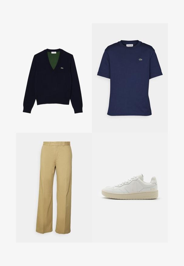 Marine V-hals sweater lavet af blødt stof, med ribbet krave og manchetter, en kontrasterende grøn inderside og et lille logo på brystet.; Kortærmet navy blue t-shirt lavet af bomuld, med rund hals og et lille grønt Lacoste-logo på venstre bryst.; Khaki brede bukser lavet af en letvægts bomuldsblanding, med lynlås og bæltesløjfer. Glat tekstur med en ren finish.; Hvide lædersneakers med perforeret tåboks, kontrasterende beige gummisål og logoer på siden og hælen. Minimalistisk design.