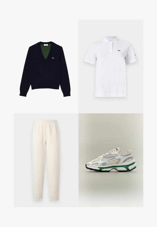 Pull en V bleu marine en tissu doux, avec un col et des poignets côtelés, un intérieur vert contrastant et un petit logo sur la poitrine.; Polo blanc à manches courtes avec deux boutons, un petit logo crocodile vert sur la poitrine gauche et un logo noir discret sur la manche gauche.; Pantalons de survêtement de couleur crème en tissu doux. Dotés d'une taille élastique et d'un design avec des jambes fuselées, avec de subtils détails de couture.; La sneaker Lacoste présente un supérieur en mesh blanc avec des accents argentés et verts, des détails texturés, et une semelle en caoutchouc noir avec des touches de violet.