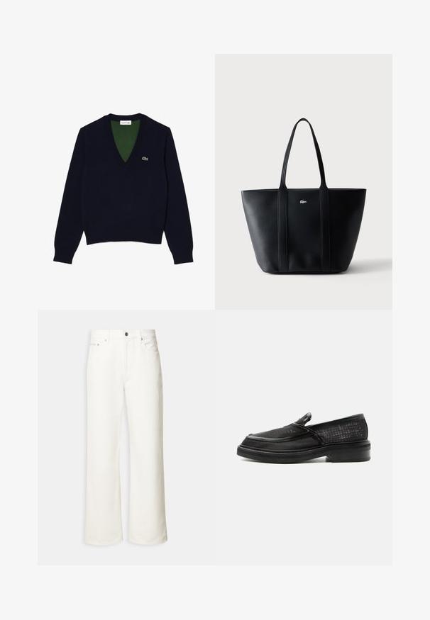 Suéter de cuello en V en color navy, confeccionado con una tela suave, que presenta un cuello y puños acanalados, con un interior verde en contraste y un pequeño logo en el pecho.; Jeans blancos de pierna ancha con botón frontal, trabillas para cinturón y diseño de cinco bolsillos.; Mocasín negro tipo slip-on con empeine de cuero texturizado y suela gruesa mostrado de perfil sobre fondo blanco.; Bolso tote de cuero negro con dos asas para el hombro y un pequeño logotipo de cocodrilo plateado en el centro delantero sobre un fondo claro y liso.