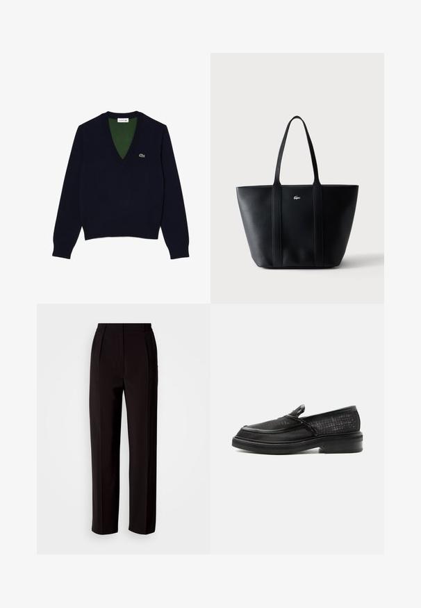 Suéter de cuello en V en color navy, confeccionado con una tela suave, que presenta un cuello y puños acanalados, con un interior verde en contraste y un pequeño logo en el pecho.; Pantalones negros a medida con diseño de pierna recta, textura suave, pinzas frontales y cintura alta para un aspecto estructurado.; Mocasín negro tipo slip-on con empeine de cuero texturizado y suela gruesa mostrado de perfil sobre fondo blanco.; Bolso tote de cuero negro con dos asas para el hombro y un pequeño logotipo de cocodrilo plateado en el centro delantero sobre un fondo claro y liso.