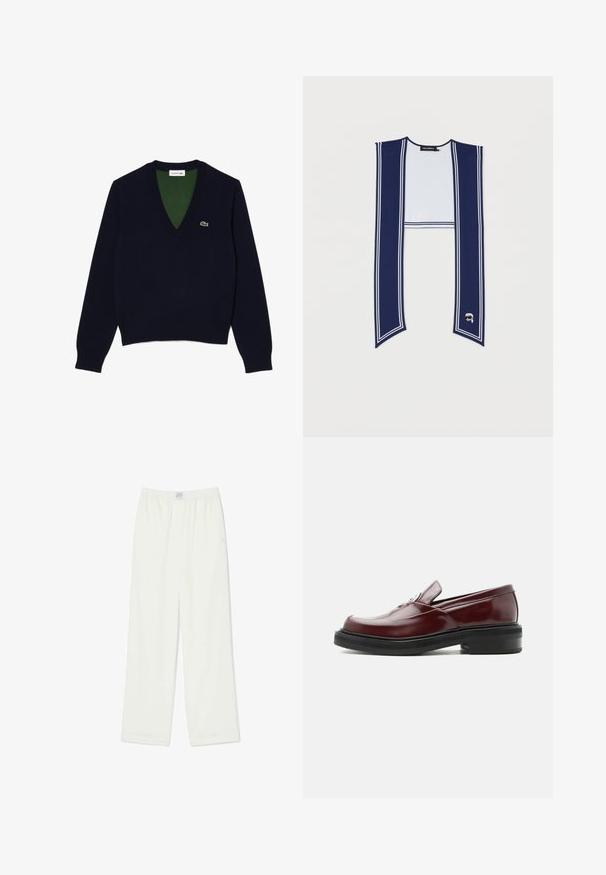 Suéter de cuello en V en color navy, confeccionado con una tela suave, que presenta un cuello y puños acanalados, con un interior verde en contraste y un pequeño logo en el pecho.; Pantalones blancos lisos de corte holgado con una cintura elástica y una pequeña etiqueta blanca en el centro del frente.; Mocasín de cuero burdeos con suela negra gruesa y hebilla decorativa plateada, mostrado de perfil sobre un fondo blanco.; Bufanda larga azul marino con dos franjas blancas a lo largo de los bordes y un pequeño rostro bordado con gafas de sol en un extremo.