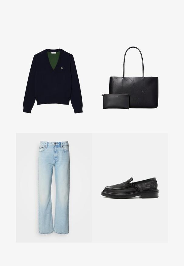 Marine V-hals sweater lavet af blødt stof, med ribbet krave og manchetter, en kontrasterende grøn inderside og et lille logo på brystet.; Lyseblå brede jeans lavet af denim med et klassisk fem-lomme design og en subtil falmet tekstur. Denim-syninger er synlige.; Sort slip-on loafer med tekstureret læderoverdel og tyk sål vist i profil på hvid baggrund.; Sort læder-tote taske med geometrisk perforeret mønster og matchende lynlåspung, begge mærket med små Calvin Klein-logoer.