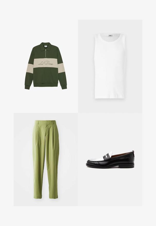 Pull olive avec un col et une fermeture éclair milieu. Rayures horizontales crème. Détail brodé "Les Deux".; Débardeur en coton blanc sans manches avec un col rond et une texture lisse. Design simple, sans motifs ni accents.; Pantalons vert clair en tissu texturé, présentant une coupe droite, des plis à l'avant et une taille standard.; Mocassin en cuir noir et blanc avec des détails cousus, un petit talon et un design slip-on, présenté de profil sur un fond uni.