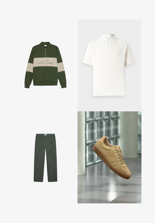 Jersey de color verde olivo con cuello de camisa, cierre de media cremallera y rayas horizontales color crema. Presenta el detalle bordado "Les Deux".; Polo de punto blanco de manga corta con patrón texturizado y tapeta de dos botones sobre un fondo liso.; Pantalones de algodón verde oscuro con un diseño de pierna recta, bolsillos frontales y cierre de botón en la cintura. Textura suave, sin patrones.; Zapatilla beige de ante con suela de goma, diseño con cordones, flotando en interiores sobre suelo de hormigón pulido cerca de pared de bloques de vidrio.